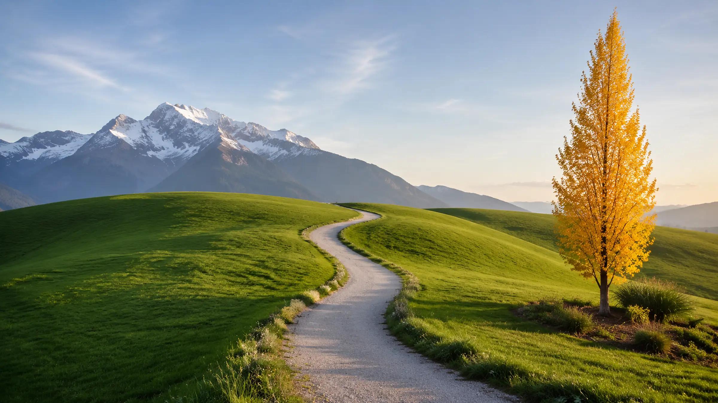 Le logo Ô Paysage en version réelle : une colline verdoyante traversée par un chemin de gravier sinueux, avec un arbre doré et une montagne enneigée