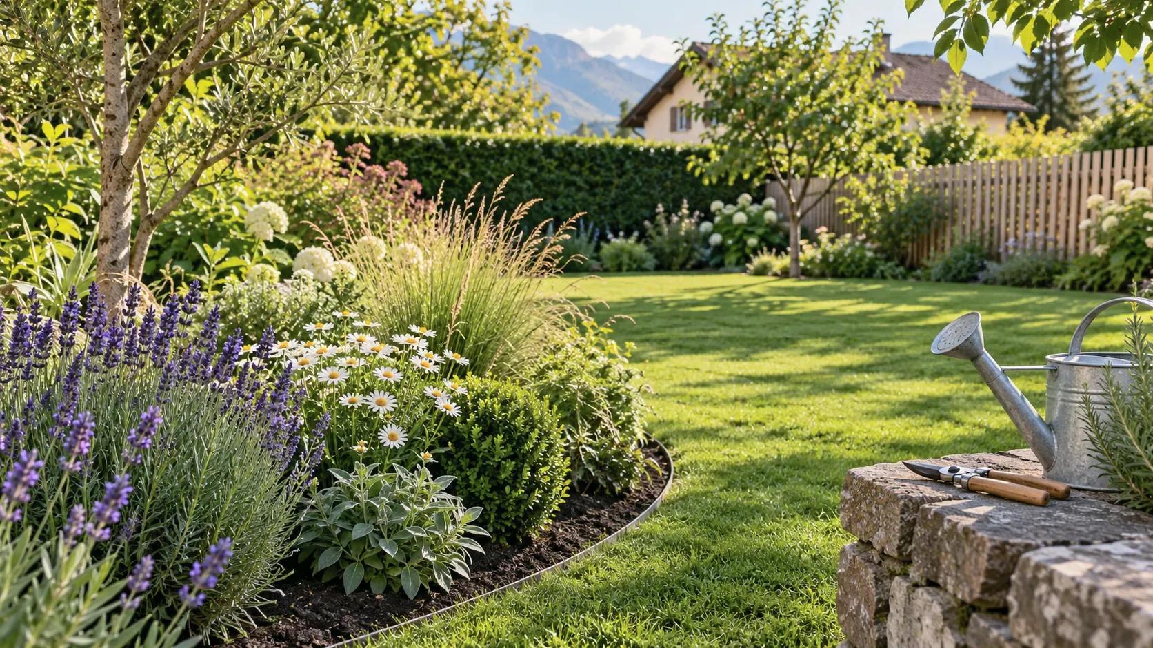 Massif de lavande, marguerites et graminées au bord d'une pelouse, avec un arrosoir et un sécateur posés sur un muret en pierre