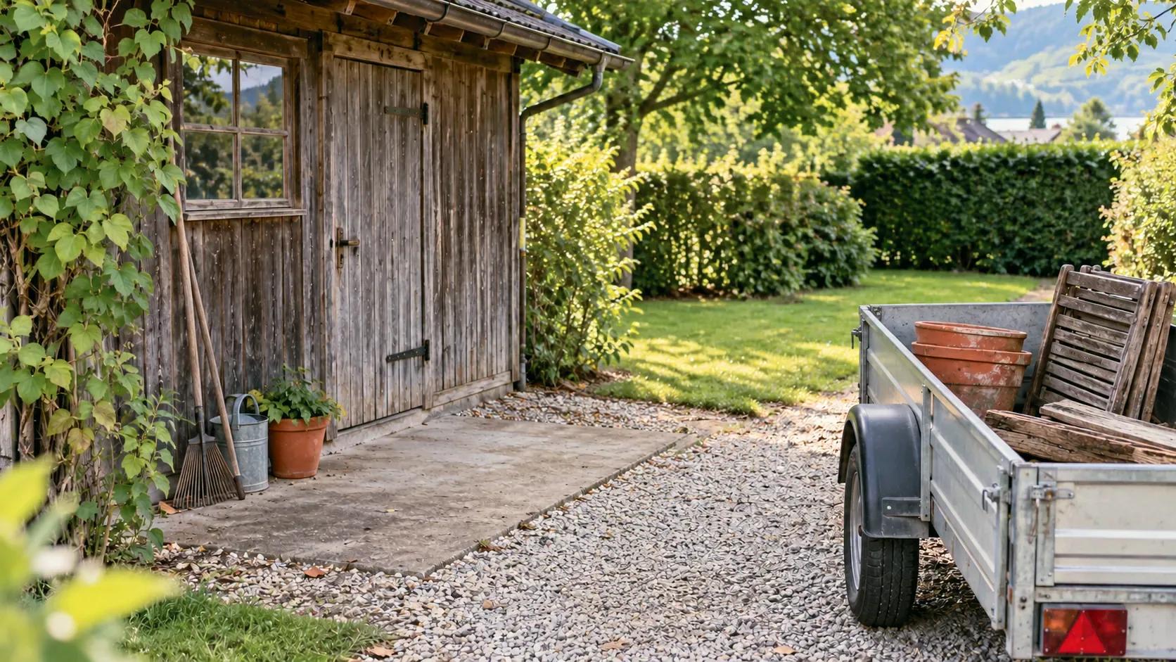 Cabanon en bois devant une cour en gravier, à côté d'une remorque chargée de déchets verts